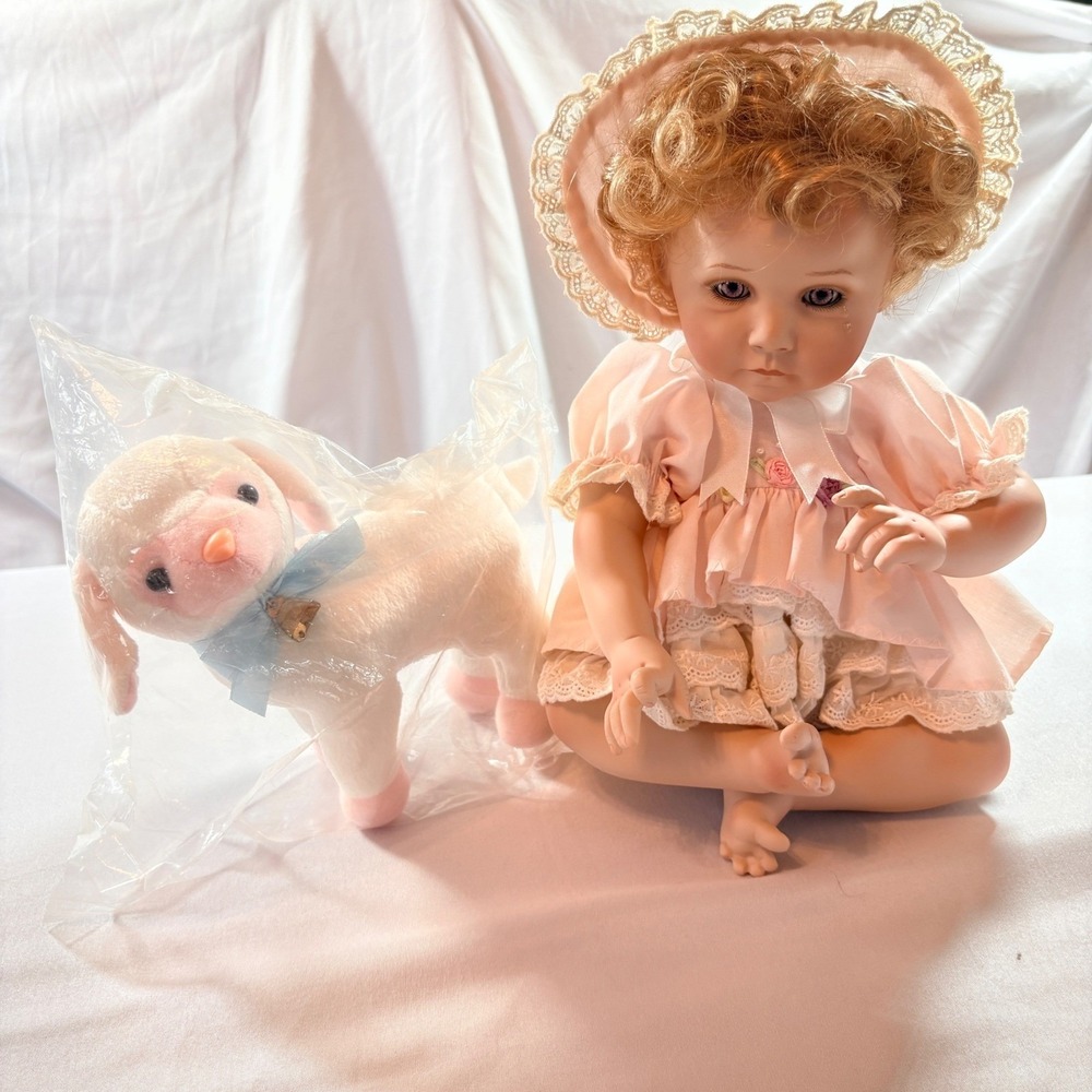 Porcelain Crying Baby Doll Pink Lace Dress 10in Seated with Plush Lamb Accessory